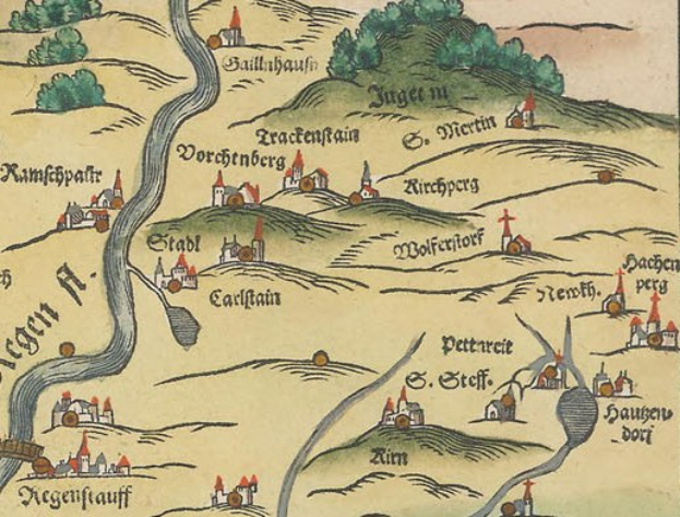 Alte dekorative Karte von Köln, Deutschland, mit grünen Bäumen, kleinen gemütlichen Häusern und verzierter Schrift.