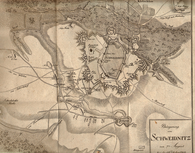 Ein detaillierter alter Stadtplan von Schweidnitz, Deutschland, der Straßen, Gebäude, Sehenswürdigkeiten und Text enthält, der Informationen über die Bevölkerung, Geschichte und Kultur der Stadt liefert.