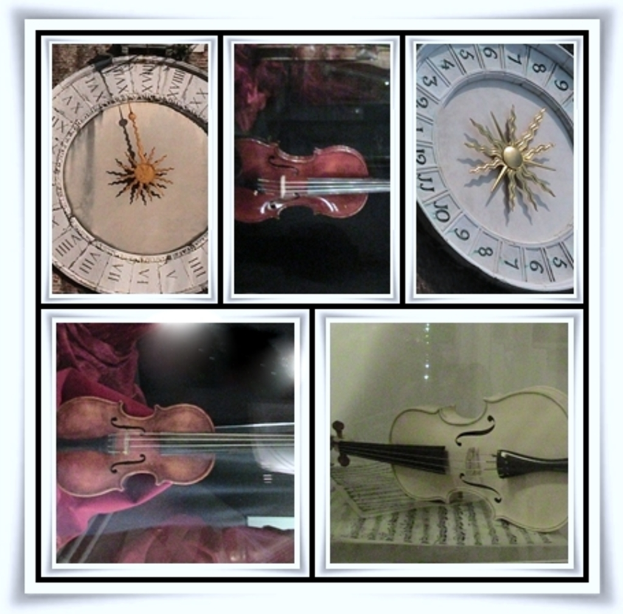 Verschiedene Uhren und Musikinstrumente sind gemeinsam in einem Raum ausgestellt.