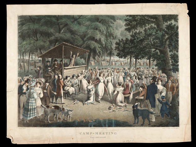 Eine Gruppe von Menschen versammelt sich in einem Park mit Bäumen im Hintergrund, einer Hütte im Vordergrund und dem Text "Camp Meeting" unten.