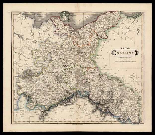 Eine alte Karte von Sachsen, Deutschland, mit schwarzem Hintergrund, die Provinzen, Städte und geografische Merkmale zeigt, einschließlich Bevölkerungs- und Stadtinformationen.