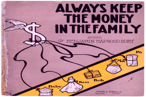 Ein Plakat mit der Aufschrift 'Immer das Geld in der Familie lassen' in fetter, schwarzer Schrift auf einem weißen Hintergrund, mit einer bunten Illustration einer strahlenden Familie von vier Personen, die in einem Kreis unter einem hellblauen Himmel mit weißen Wolken stehen.