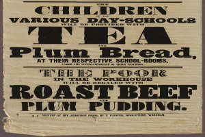 Ein Blatt mit der Aufschrift "Die Kinder der verschiedenen Tagesschulen werden mit Tee, Pflaumenbrot und Roastbeef und Pflaumenpudding versorgt" darauf.