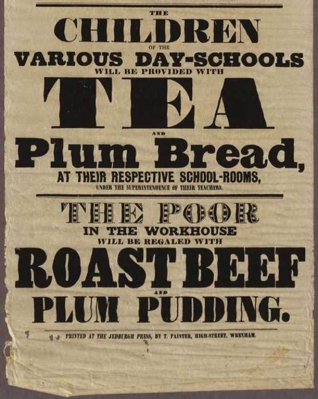 Ein Blatt mit der Aufschrift "Die Kinder der verschiedenen Tagesschulen werden mit Tee, Pflaumenbrot und Roastbeef und Pflaumenpudding versorgt" darauf.