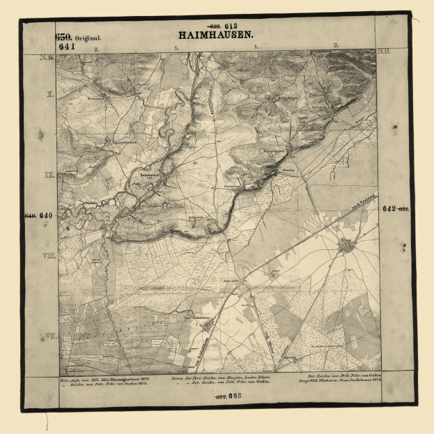 Eine alte Papierkarte von Haimhausen, Deutschland, mit detailliertem Text über die Stadt.
