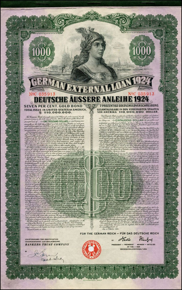 Deutsches Auslandsdarlehen-Zertifikat von 1924 mit einer Frauendarstellung, mit gedrucktem Text und numerischer Bezeichnung.