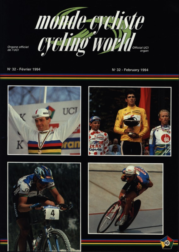 Ein Plakat der Zeitschrift Monde Cycliste Cycling World aus Februar 1994, das vier Radfahrer in Helmen auf Fahrrädern zeigt, mit dem Zeitschriftennamen oben.