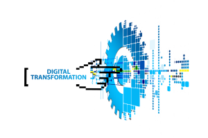 Ein Digitalisierungs-Logo mit den Wörtern "Digitalisierung" in der Mitte, umgeben von blauen, schwarzen und gelben Punkten auf einem weißen Hintergrund.