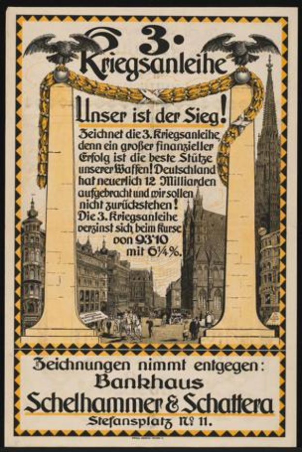 Ein gerahmtes Vintage-Plakat der deutschen Propaganda für die 3. Reichsbanleihe, das eine Stadtansicht mit Gebäuden, Menschen und Text zeigt.