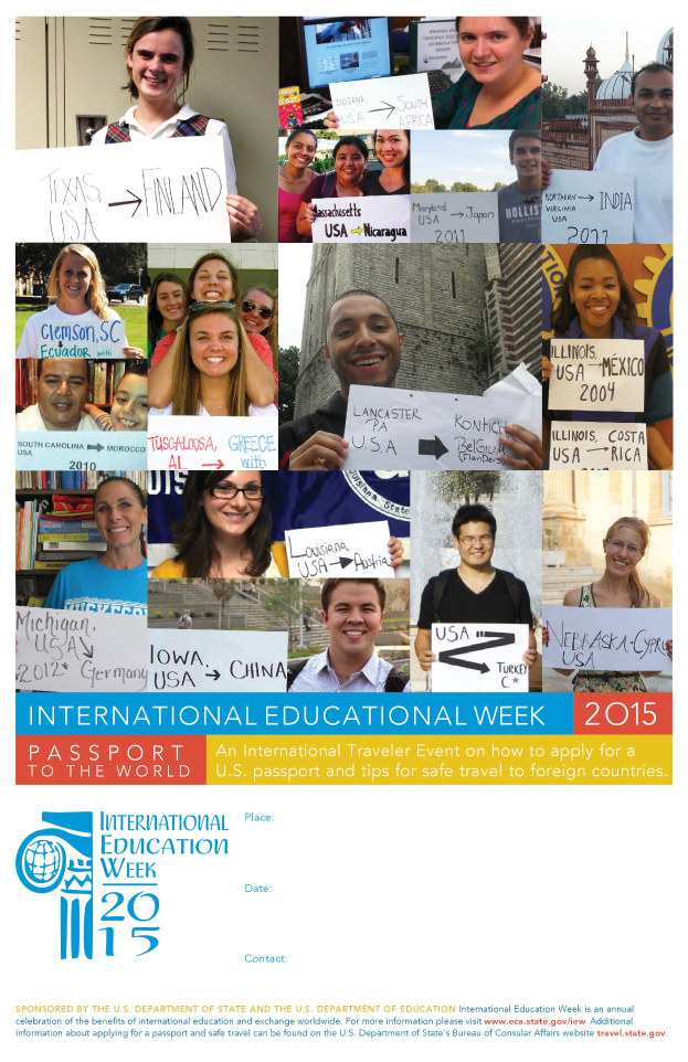 Ein Plakat für die Internationale Bildungswoche 2015, das eine Gruppe strahlender Menschen mit Schildern zeigt, sowie Text mit Informationen zum Event.