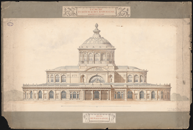 Eine Zeichnung des Eingangs zum Zuenem Kur-Badenhausen in Dresden, Deutschland, mit einem großen Gebäude mit Kuppel, vor einem schwarzen Hintergrund mit Text auf dem Papier.