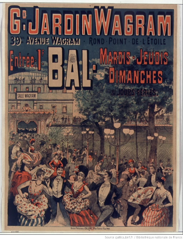 Plakat, das eine Veranstaltung in Paris ankündigt, mit Menschen im Vordergrund, die tanzen, und einem Gebäude, Bäumen, Laternen und einem Zaun im Hintergrund und Text, der das Ereignis beschreibt.
