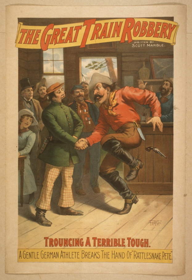 Plakat, das eine Gruppe von Menschen auf einem Boden zeigt, wobei einer eine Waffe hält, ein Fenster und eine Wand im Hintergrund und Text, der "Der große Zugraub - Trouching ein schreckliches Tough" an der Ober- und Unterseite lautet.