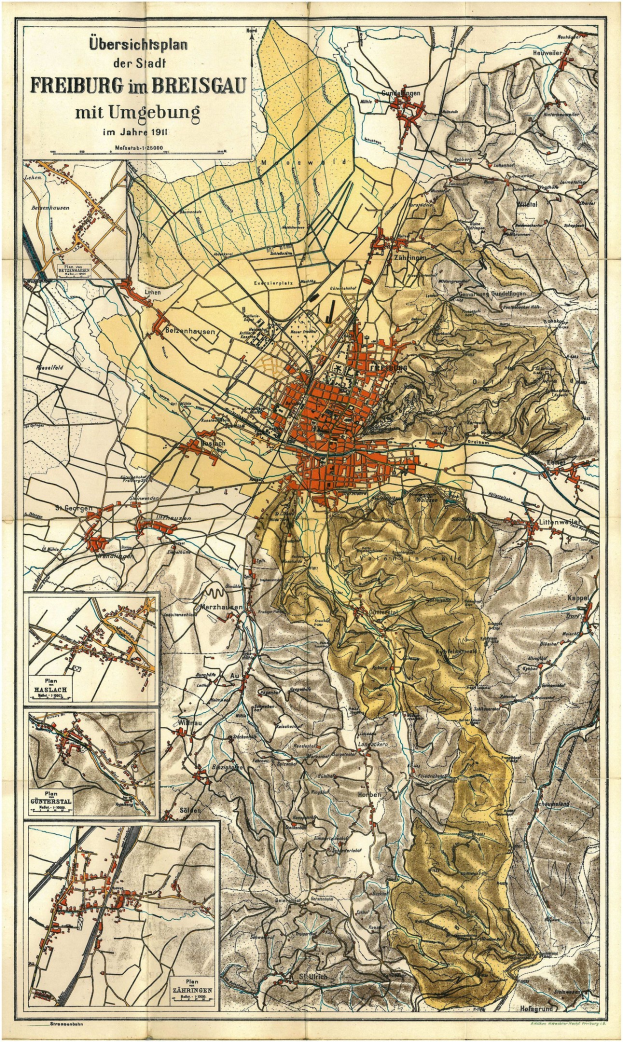 Detaillierte alte Karte von Freiburg, Deutschland, zeigt Straßen, Gebäude und Sehenswürdigkeiten mit Text oben und unten.