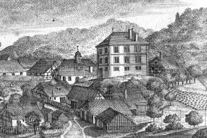 Eine Schwarz-Weiß-Zeichnung einer kleinen Stadt in Bayern im 19. Jahrhundert, die eine zentrale Kirche, umgebende Häuser, Bäume und einen Himmel zeigt, mit der Inschrift "Bayern im 19. Jahrhundert" unten.