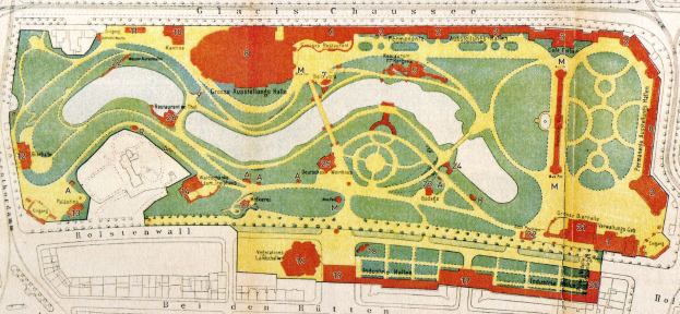 Ein detaillierter Stadtplan von Köln, Deutschland, der einen Park mit Straßen, Sehenswürdigkeiten und begleitendem Text zeigt, der das Layout des Parks beschreibt.