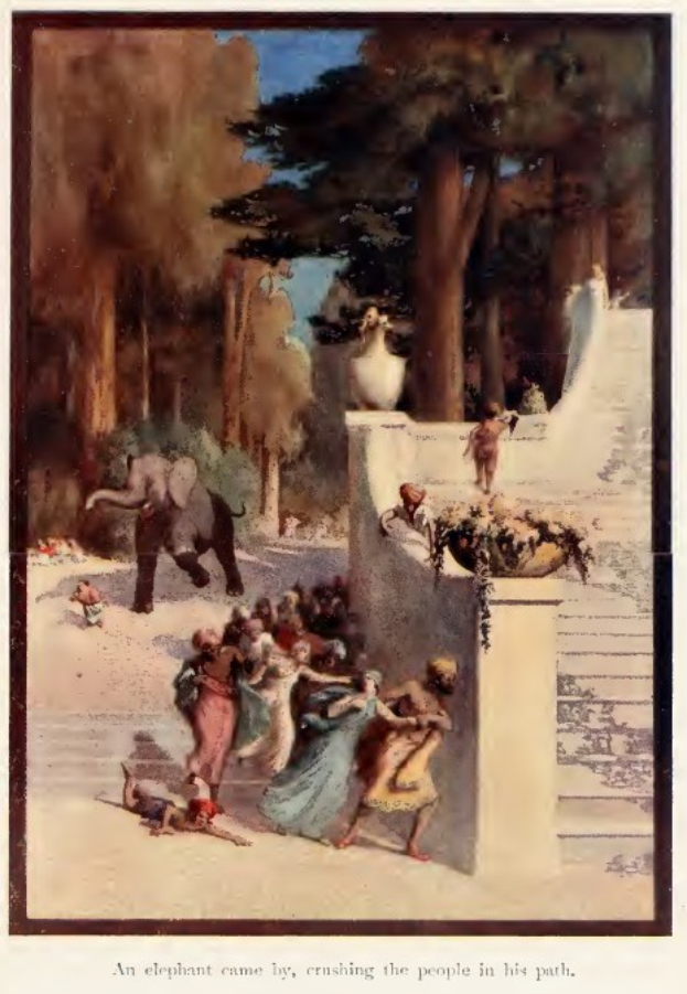 Gemälde, das eine Gruppe von Menschen in einem Park mit einem Elefanten im Vordergrund und Bäumen im Hintergrund zeigt, begleitet von Text, der lautet "Ein Elefant kam vorbei, zertrampelte die Menschen auf seinem Weg".