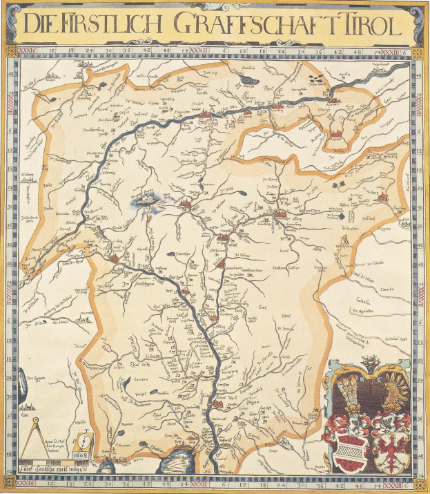 Ein detailliertes historisches Plakat der ersten deutschen Grafschaft Tirol-Karte, das geographische Merkmale wie Flüsse, Berge und Städte zeigt und von erklärendem Text begleitet wird.