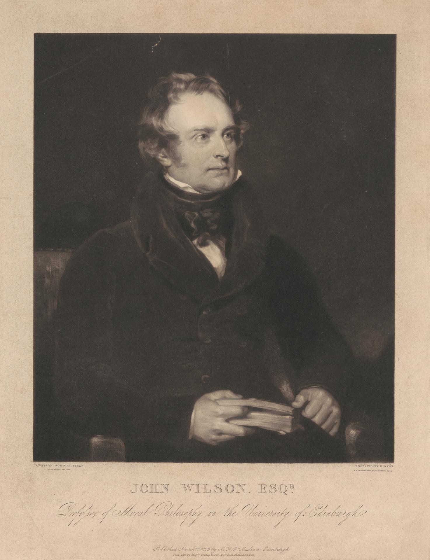 Portrait von John Wilson Esqr., dem Begründer der Moralphilosophie an der Universität Edinburgh, der in einem Stuhl sitzend ein Buch hält, mit Text unten.