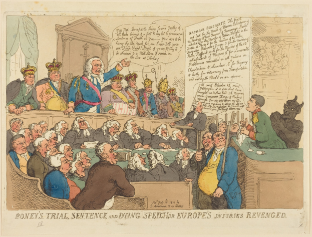 Cartoon-Illustration eines Gerichtssaals mit einem zentralen stehenden Mann, einer sitzenden Jury und einem Tisch mit Gegenständen, betitelt mit 'Boney's Trial, Sentence, and Dying Speech Europe's Injuries Revenged.'