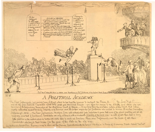 Ein Plakat der Politischen Akademie mit einem Mann im Anzug und Hut auf der Bühne mit einem Mikrofon, der eine begeisterte Menge anspricht.