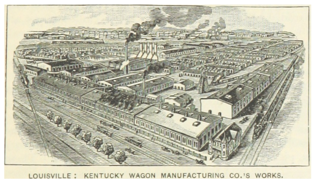 Ein Plakat, das die Louisville, Kentucky Wagon Manufacturing Co.'s Werke zeigt, mit mehreren Gebäuden, Fahrzeugen und Rauch im Hintergrund sowie Text unten.