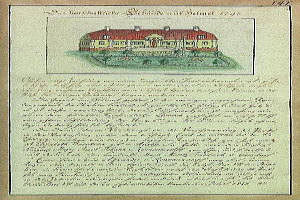 Ein altes Dokument mit einer detaillierten Zeichnung eines Hauses mit rotem Dach und weißen Wänden, das als die Schleswig-Holstein-Schule von Delmar in Deutschland im Jahr 1797 gilt, unterzeichnet von der Schule.