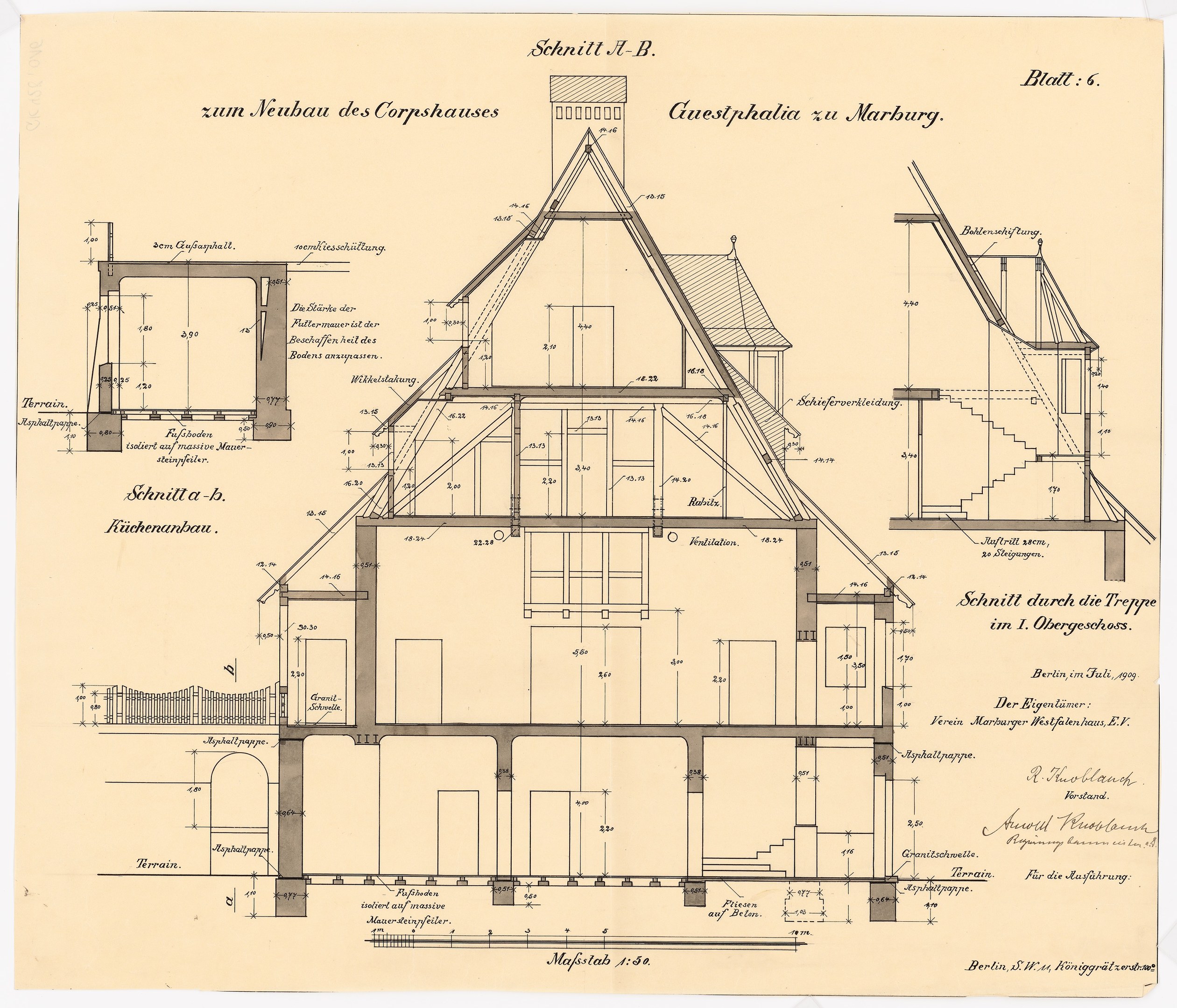 Ein detailliertes architektonisches Zeichnung eines Hauses mit zahlreichen Fenstern und einem Dach, das als erstes Haus in Deutschland gilt, begleitet von Text und strukturellen Pl├Ąnen auf Papier.