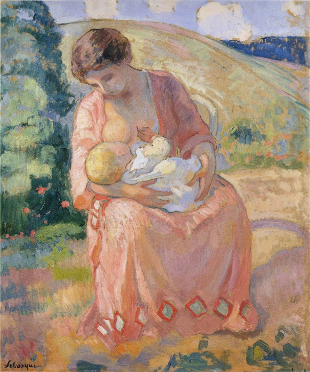 Gem├Ąlde mit dem Titel "Mutter und Kind" von Paul C├ęzanne, das eine Frau auf einer Bank sitzend zeigt, die ein Baby h├Ąlt, umgeben von Grün unter einem blauen Himmel.