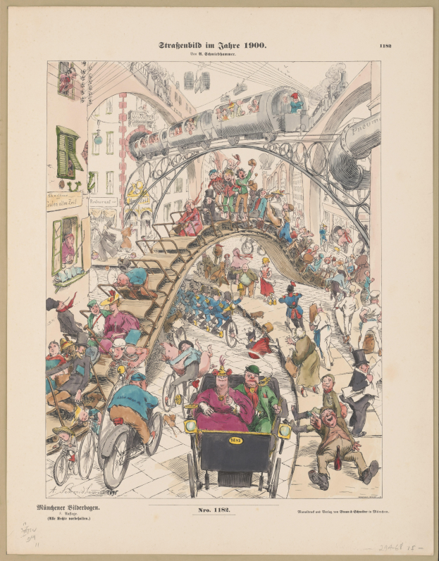 Ein altes Buch mit einer Zeichnung einer aufgeregten Menge an einem Bahnhof von 1900, gerahmt und beschriftet mit "Straßenbild im Jahre 1900".