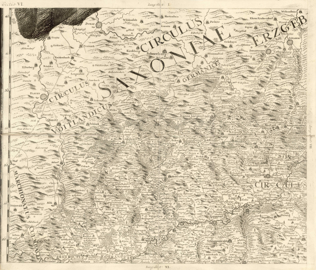 Detailierte alte Karte von Sachsen, Deutschland, die geografische Merkmale wie Flüsse, Gebirge und Städte zeigt, mit begleitendem Text über die Region und ihre Bewohner.