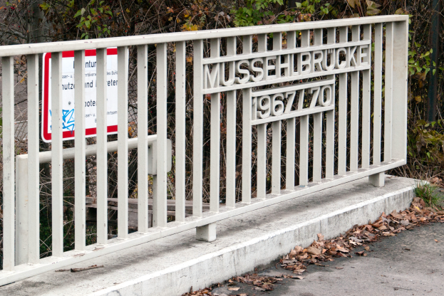 Ein weißes Geländer mit einer 'Musselbrücke'-Aufschrift, umgeben von Bäumen, mit einer Straße voller trockener Blätter unten.