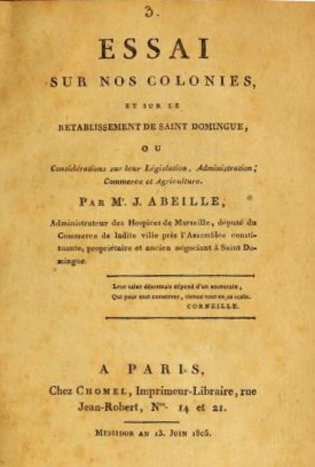 Altes Buch mit dem Titel "Essai sur nos Colonies, et sur l'Établissement de Saint-Domingue" auf dem Cover, wahrscheinlich ein historischer Text über französische Kolonien und Saint-Domingue.